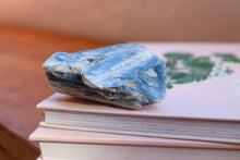 Load image into Gallery viewer, Singular Light Blue Kyanite Cluster, Hand sized with yellow and brown inclusions, sitting on top of two books