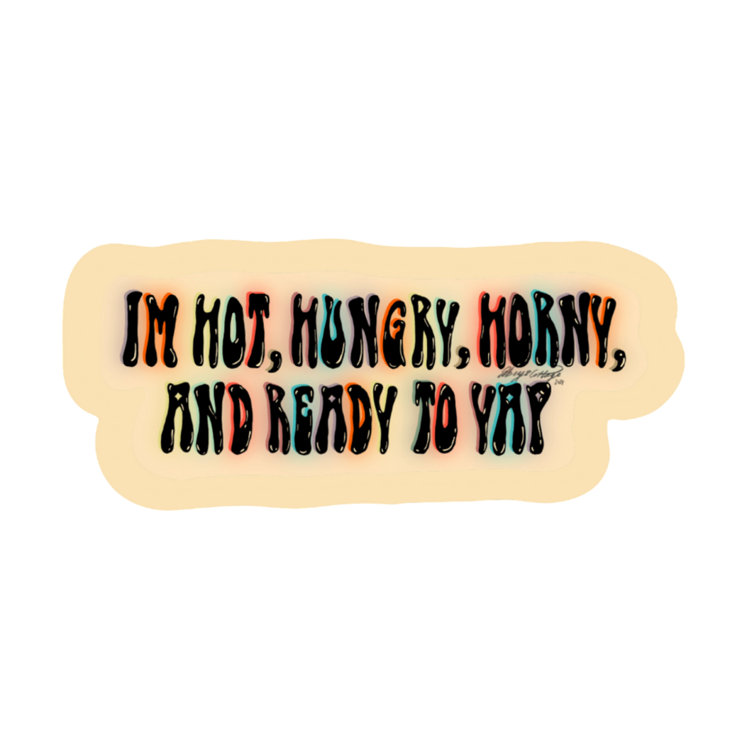 Text sticker with colorful text on a beige background