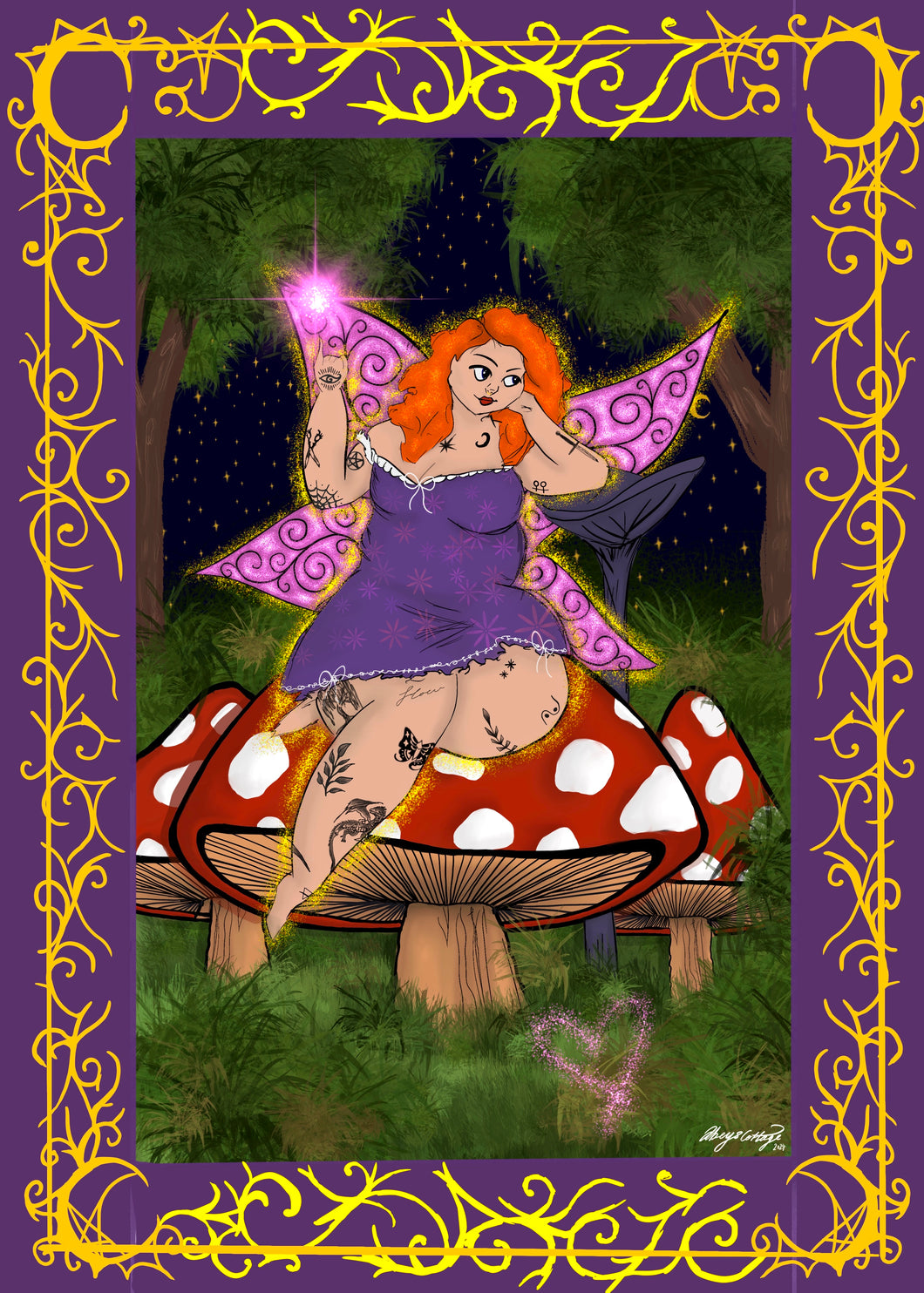 Whimsical Magic – Lesbian Fairy in a Mushroom Circle Under the Starry Sky
