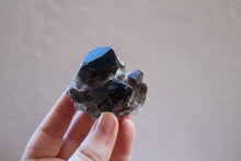Load image into Gallery viewer, Chunky Smokey Quartz cluster with  raw base and grey-brown in colour, being held by fingertips
