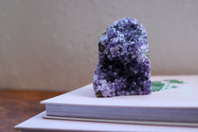 Load image into Gallery viewer, Medium sized amethyst cluster with smaller shards sitting atop two books, combined dark purple to lilac 
