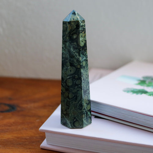 Swirly patterned Kambaba Jasper Tower with deeo Forest greens and light sage green inclusions, sitting atop a book