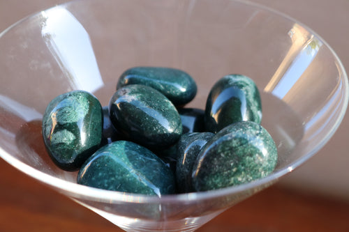 A handful of Moss Agate tumbles, beautiful shades of deep forest greens, held in a clear martini glass
